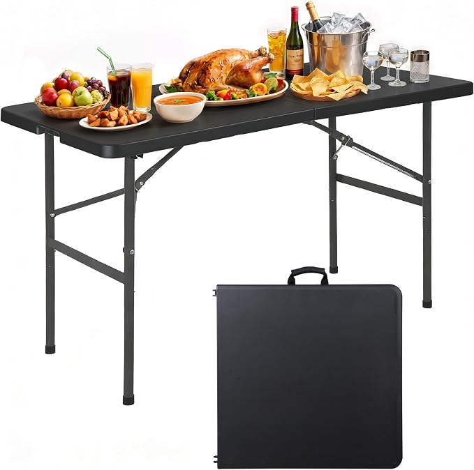 Folding Event Table, Heavy Duty Picnic Table Indoor Outdoor Camping, 4FT Portable w Handle Lock for Banquet, Black