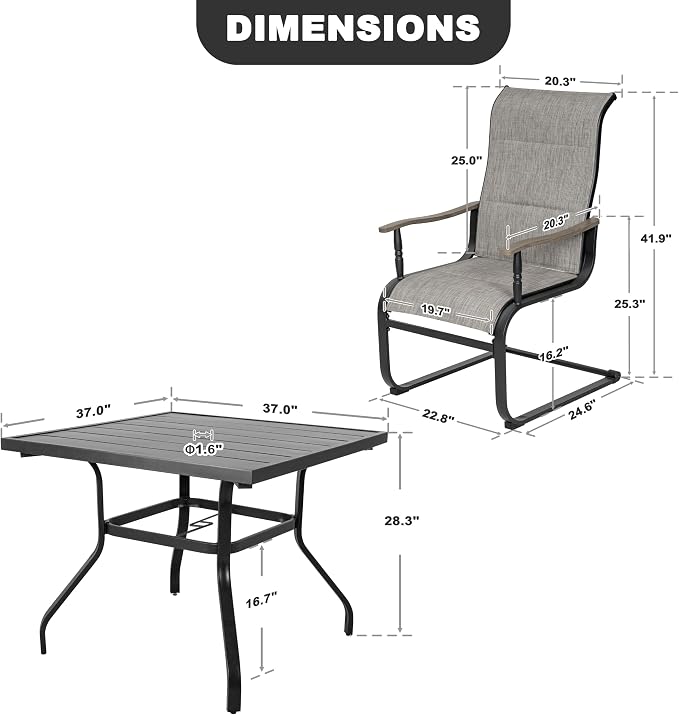 NUU GARDEN 5-Piece Outdoor Dining Set, Grayish Brown C-Spring Chairs | 37" square metal table with umbrella hole, 4 C-spring motion textilene chairs with stylish wood-grain armrests