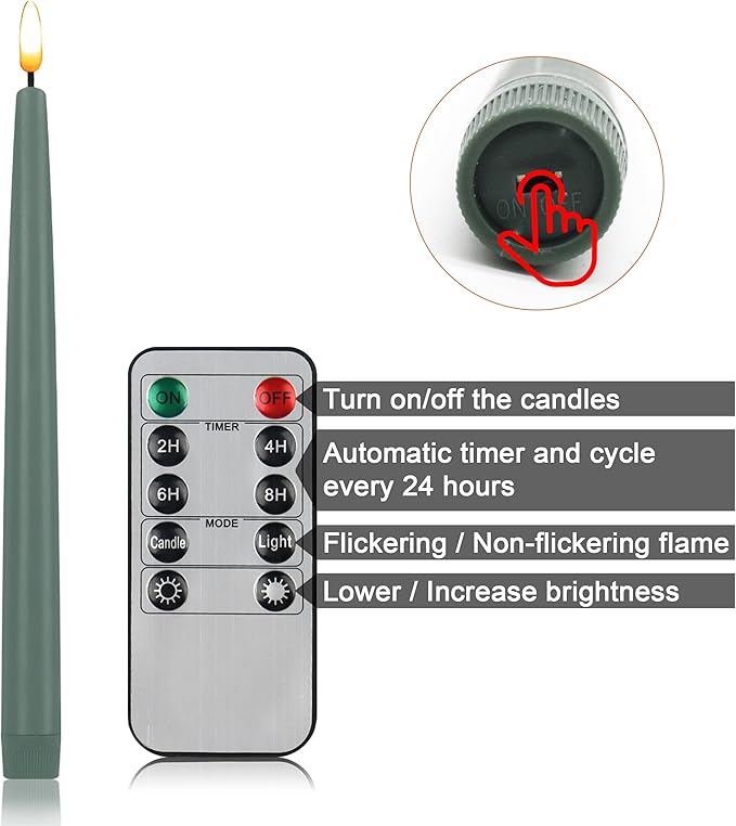 CVHOMEDECO. Flameless Taper Candles with 10-Key Remote, Battery Operated Led Flickering 3D Wick Window Candles Real Wax Finished Home Christmas Party Decor 0.78 x 11 Inch, Pack of 3, Grey Green
