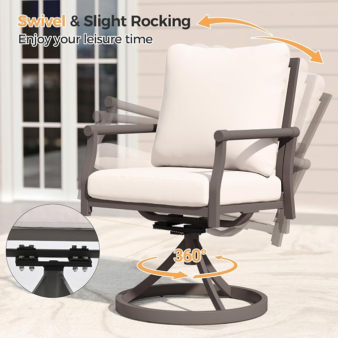 HAPPATIO Patio Dining Set, Metal Outdoor Table and Chairs Set for 6, Powder-Coated Swivel Rocking Chairs with Thickened Cushions, 60" Rectangular Table with 1.5" Umbrella Hole for Deck Backyard Lawn