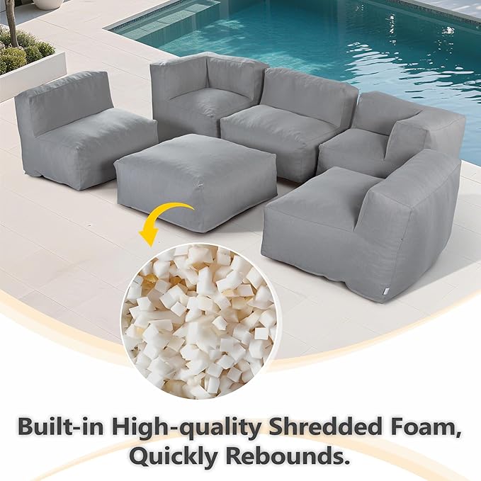 Patio Furniture Set, 6 Pcs Outdoor Conversation Set with Bean Bag Middle Chairs, Corner Chair, Ottomans, Modern Foam Couch Set for Garden, Deck, Balcony (6, Deep Gray)