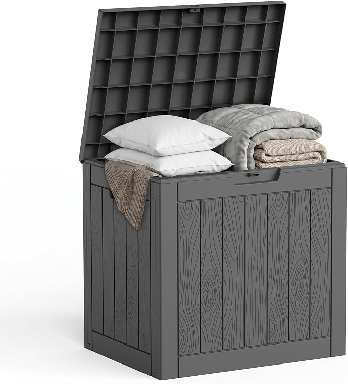 Outdoor Waterproof Resin Storage Deck Box Lockable Outside Bench UV Resistant Bin Patio Porch Furniture Pool Float Garden Tool Cushion Black 35 Gallon