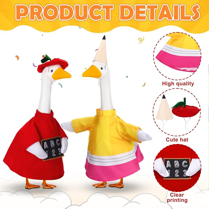 Abbylike 2 Set Back to School Porch Goose Outfit Pencil and Apple Goose Clothes Fits Large 23'' Cement Statue for Classroom Yard Patio Lawn Garden Pathway Art Decorations