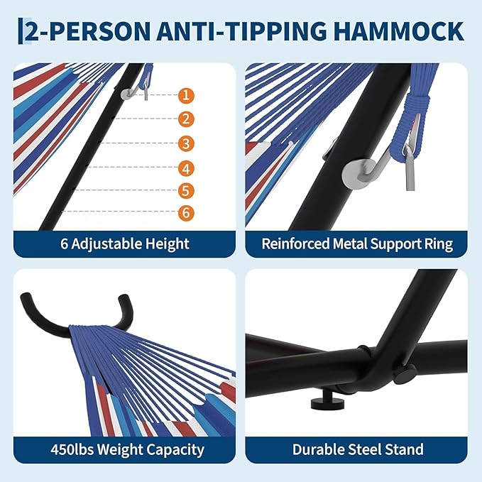 TrailBlaze Double Hammock with Stand, Heavy Duty Portable Steel Hammock Set for Outdoor and Indoor Use, 500lb Capacity, Includes Carrying Bag, Space Saving Design,Quick Assembly