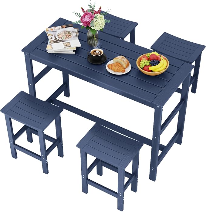 5Pcs HIPS Outdoor Bar Set, Weatherproof Patio Bar Table and Chairs Set for Outside, 55" Rectangular High Top Bar Table with 4 Bar Stools for Patio, Poolside, Balcony, Hot Tub, Blue