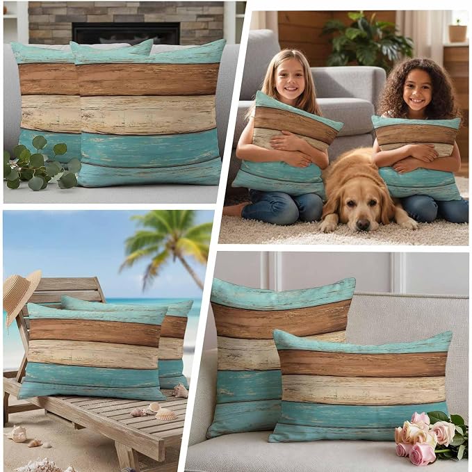 Farmhouse Aqua Brown Outdoor Waterproof Pillow Covers, Vintage Wooden Striped Decorative Square Throw Pillowcase Sofa Cushion Sham for Patio/Couch/Chair, 26"x26" 2 Pack