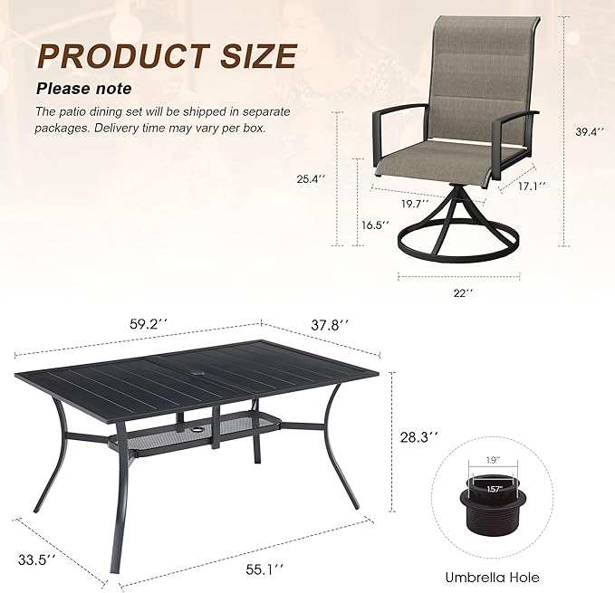 VICLLAX 7 Pieces Outdoor Dining Set, Patio Furniture Set Includes 59" Rectangular Metal Table W/ 1.9" Umbrella Hole and 6 Padded Textilene Swivel Chairs for Porch, Lawn, Garden, Backyard