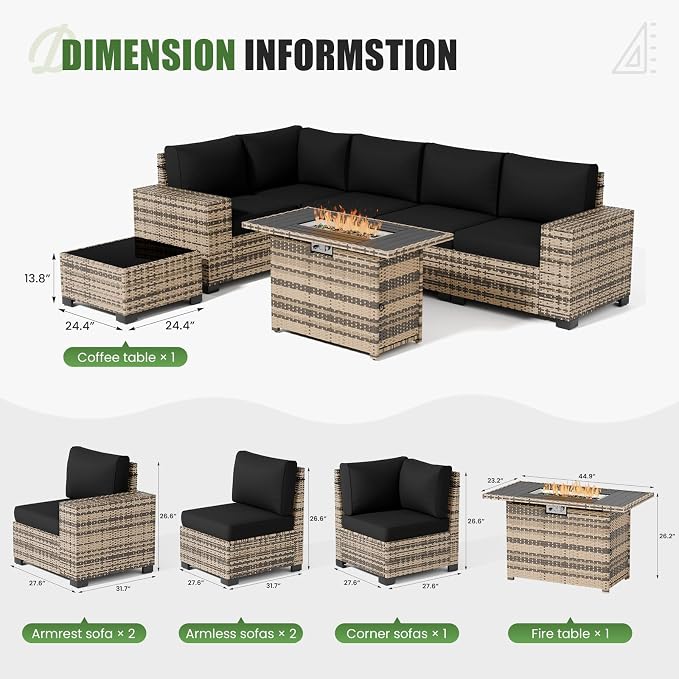 Amopatio 7 Piece Patio Furniture Set with 8" Armrest & 44" Fire Pit Table, Outdoor Wicker Rattan Sectional Sofa Conversation Set for Backyard, Garden, Poolside(Black Cushion)
