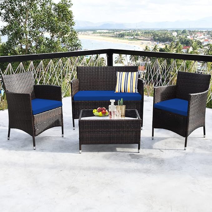 4 Pieces Patio Sofa Set, Wicker Conversation Set with Ergonomic Curved Backrest, Rattan Furniture Set with Water-Resistant Cushion & Tempered Glass Table for Balcony, Porch (Navy Blue)