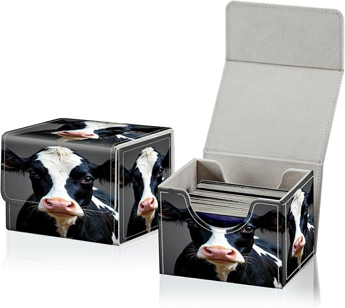 Card Deck Box for MTG, Cards Storage Box Fits 120+ Sleeved, Leather Small Size Strong Magnetic Closing Card Case for Board Games Magic TCG CCG Baseball Collection, Black White Cow