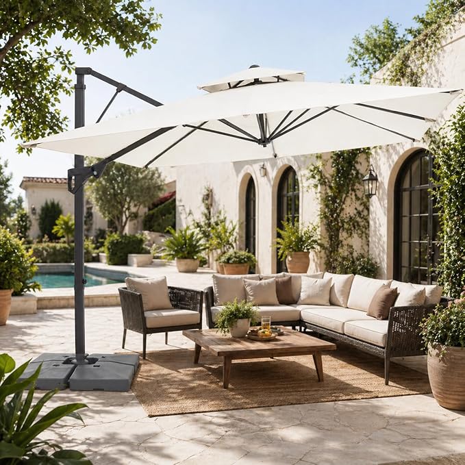 JEAREY 9ft 2-Tier Cantilever Patio Umbrella, Large Square Outdoor Offset Umbrella with Double Top Vent and 360-degree Rotation for Garden, Deck, Pool, Patio, Cream White