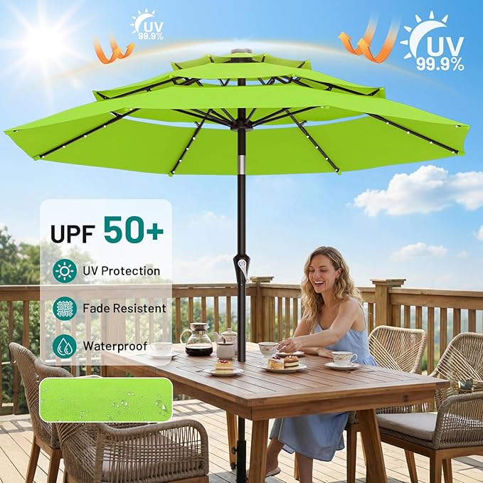AreShark 9ft 3 Tiers Patio Umbrella with Solar Lights, Outdoor Umbrella w/ 32 LED Lights&8 Sturdy Ribs, Table Umbrella for Deck, Backyard, Pool (Apple Green)
