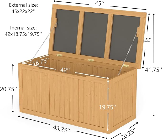 67 Gallon Outdoor Wooden Deck Box Solid Wood Storage Box Seat Table Top for Patio Furniture Cushions, Pool Toys Garden Tools