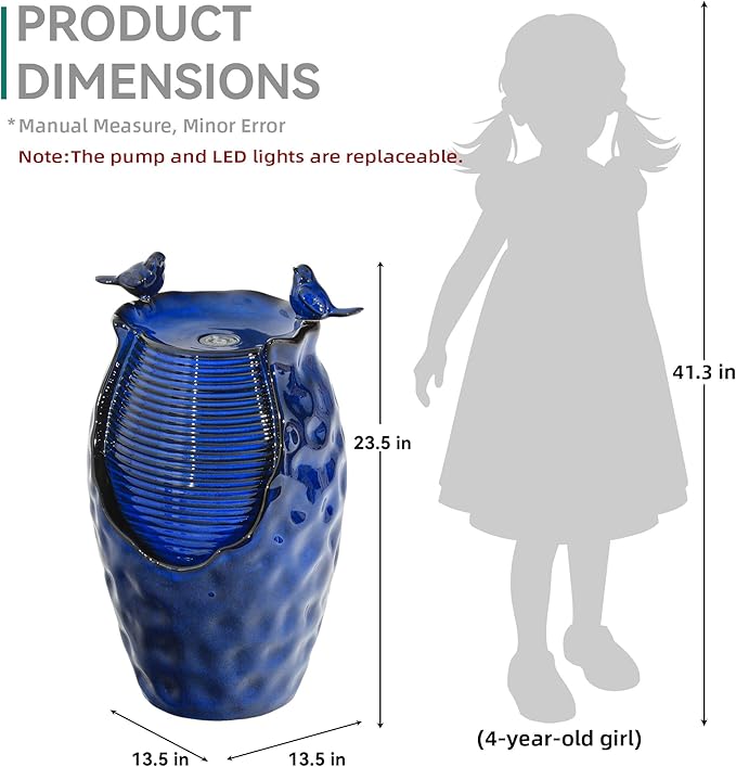 23.5" H Ceramic Jar Outdoor Fountain, Honeycomb Pot Water Feature with LED Lights, Soothing Trickling Waterfall for Garden, Patio, Yard, Balcony or Porch Oasis, Cobalt Blue Glaze, KD Vivid Birds