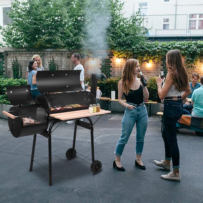 Outdoor BBQ Charcoal Grills,Heavy Duty Charcoal Grill,Metal Outdoor Barbecue Smoker,Portable Camping Barbecue Grills,with Side Table and Wheels,for Garden, Backyard, Patio, Picnics, Party (Black)