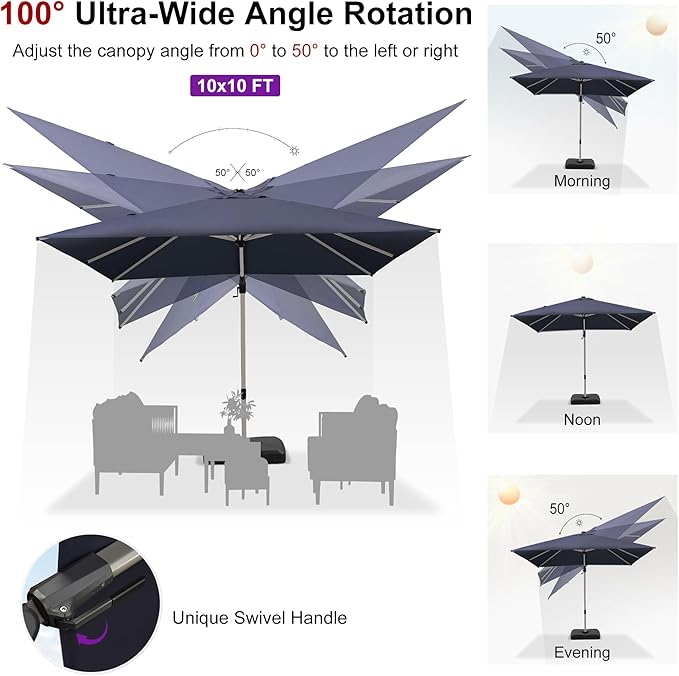 PURPLE LEAF 10' X 10' Left-right Tilting Patio Umbrella with Base Outdoor Swivel Cantilever Offset Aluminum Umbrella with Champagne Frame and 360-degree Rotation for Garden Deck Pool, Navy Blue