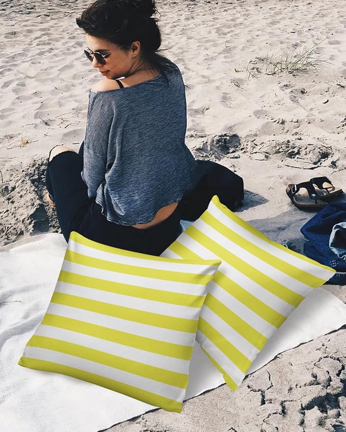 Outdoor Waterproof Pillow Covers for Patio Furniture Yellow and White Stripes Decorative Throw Pillow Cover Solid Striped Pillowcases Set of 2 Cushion Case for Sofa Couch Chair 24 x 24 in