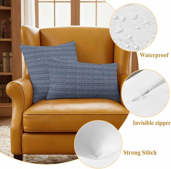 Outdoor Waterproof Throw Pillow Covers Set of 2 Stripes Grain Pillowcases 24x24 Inches Navy Blue Solid Color Decorative Pillows Cushion Case Patio Pillows for Couch Bed Chair Garden