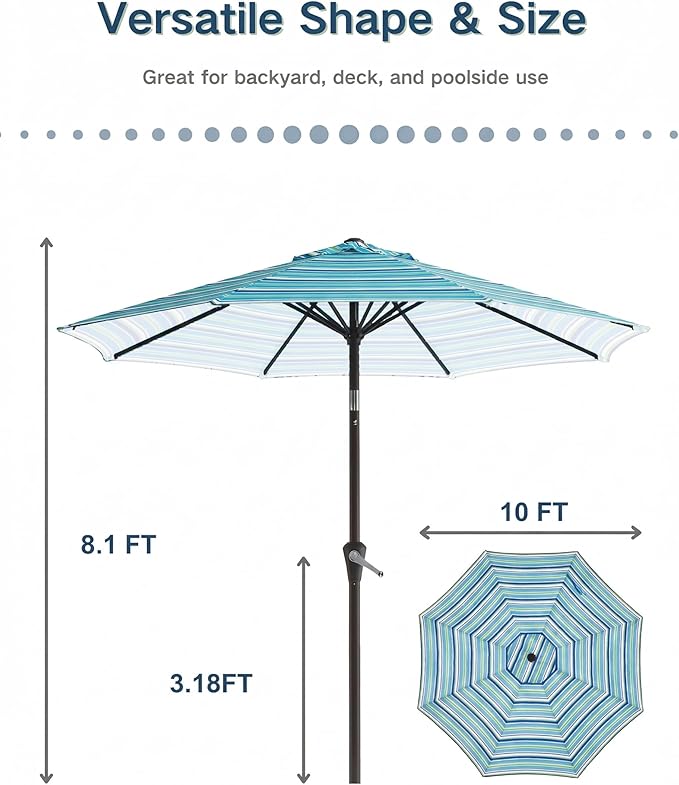 PatioKingdom 10FT Patio Umbrella with Push Button Tilt and Crank, Outdoor Market Umbrella with 8 Fiberglass Ribs, UV Protection Table Umbrella for Pool,Backyard,Garden,Deck