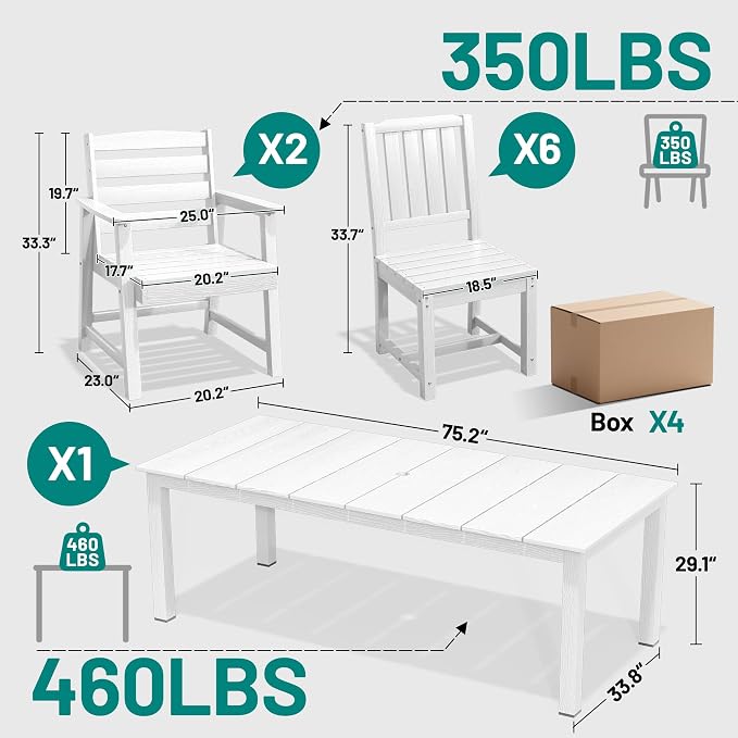 PLUUV 9-Piece Outdoor Patio Dining Set – HDPE Dining Table with Aluminum Legs and Umbrella Hole, 8 Chairs & 1 Table, All-Weather Patio Furniture Set for Garden Deck Backyard, White