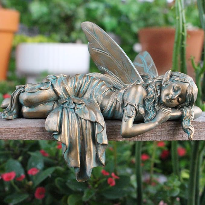 Vintage Bronze Sleeping Fairy Statue Outdoor Garden Decor, 6.1" Resin Angel Figurine Home Shelf Sitter Yard Art Sculpture for Patio Lawn Porch Ornaments
