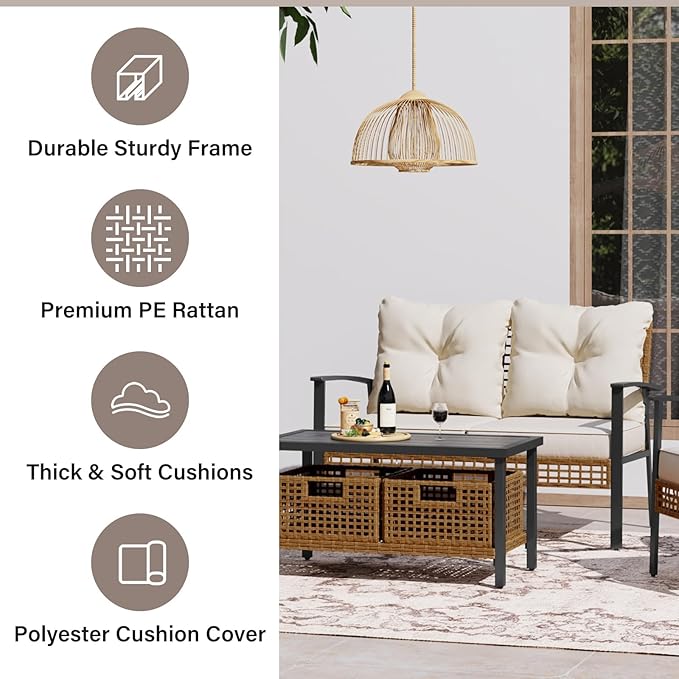 LAUSAINT HOME 4-Piece Patio Conversation Set, Comfortable Oversized Outdoor Furniture Set with Rocking Chairs and Storage Coffee Table for Backyard, Porch, Garden and Poolside