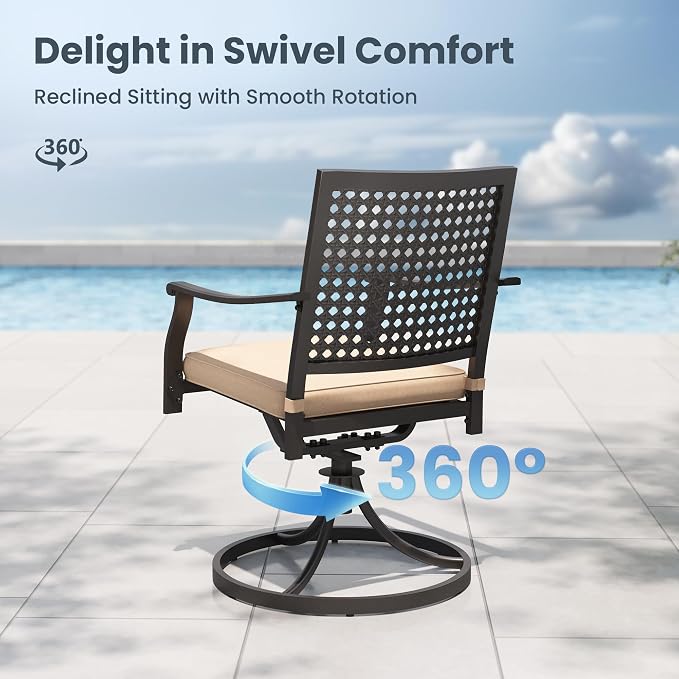 PHI VILLA Patio Dining Set for 4, 37" Metal Table & Swivel Chairs | 5 pcs black wrought iron square furniture set w/ umbrella hole. All weather for outdoor deck, yard, porch