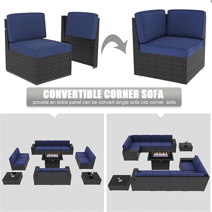 LayinSun 13 Pieces Outdoor Patio Furniture Set with 44" Fire Pit Table Rattan Sectional Sofa Conversation Sets