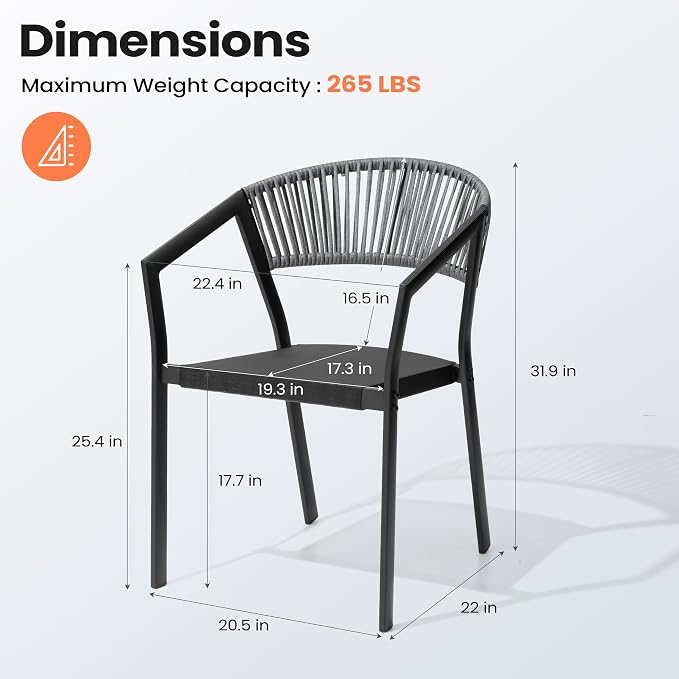 Pellebant Outdoor Patio Dining Chairs, Aluminum Frame with Breathable Twist Wicker Backrest – Stackable for Porch, Lawn & Deck(Gray)