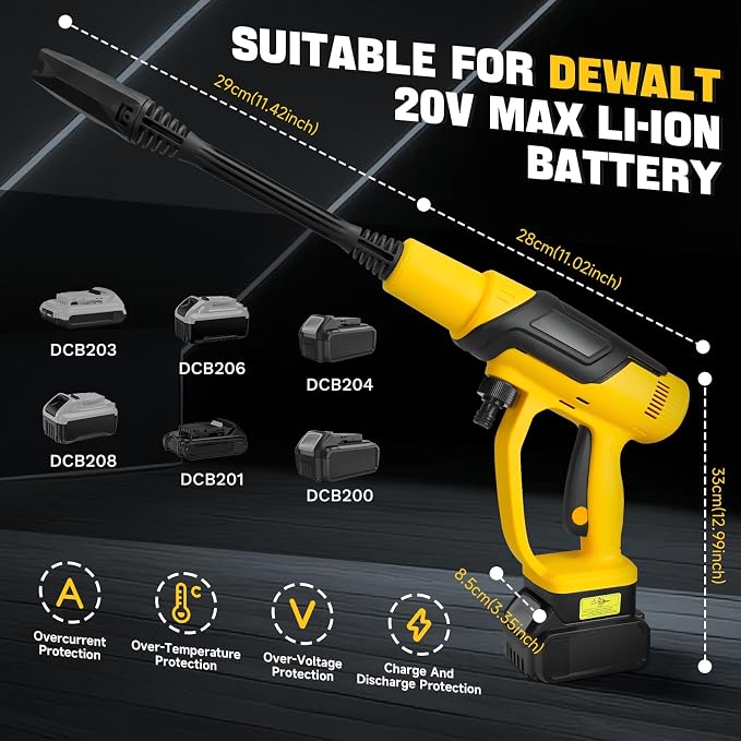 Cordless Pressure Washer Compatible with DeWalt 20V Battery, 380W Brushless Motor High Pressure Washer 653PSI, 0-180°Rotating Nozzle Portable Power Washer for Car, Floor, Garden(Tool Only)