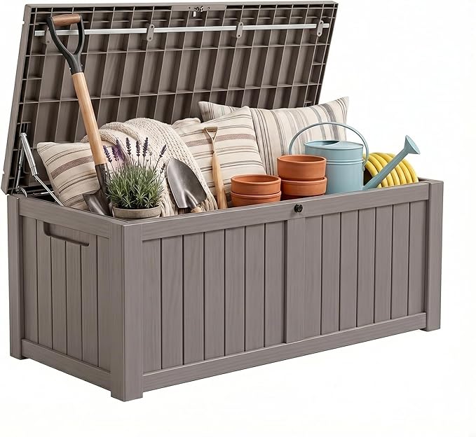 149 Gallon Resin Outdoor Storage Box, Waterproof Deck Box with Lockable Lid, Outside Storage Box for Patio Furniture, Pool Accessories, Garden Tools, Storage Bench for Backyard, Porch, Gray Brown
