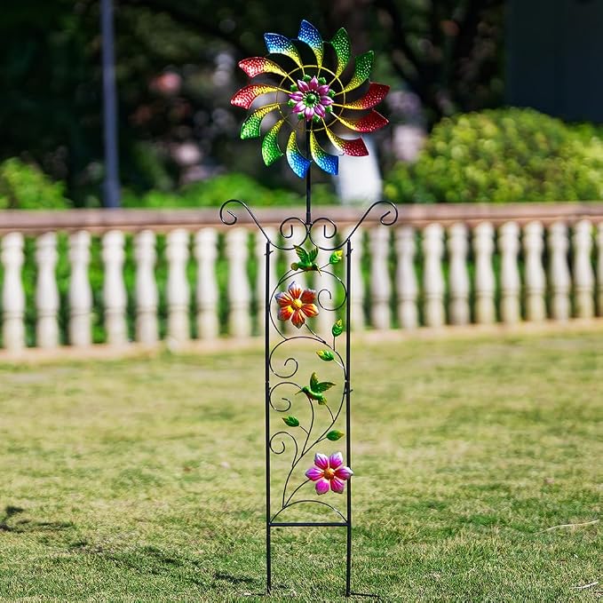 DREAMYSOUL Wind Spinner Outdoor, Colorful Wind Sculpture & Spinner, Weathervane with Decorative Trellis for Climbing Plants, Kinetic Wind Spinners for Yard