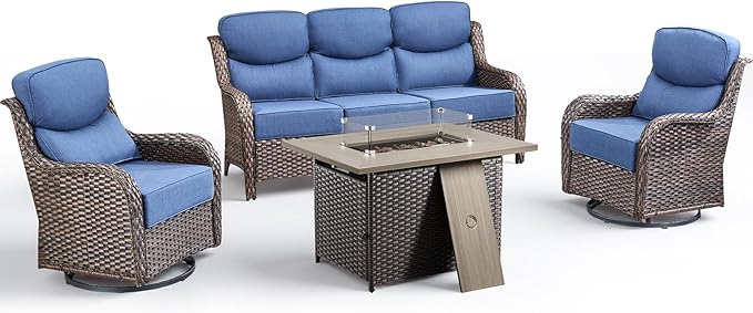 Luxury Patio Furniture Set with Fire Pit Table-4 Pieces High Back Wicker Swivel Rocker Chairs with 6" Extra Thick Cushions, Outdoor Patio Conversation Sets for Porch Deck(Brown/Blue)