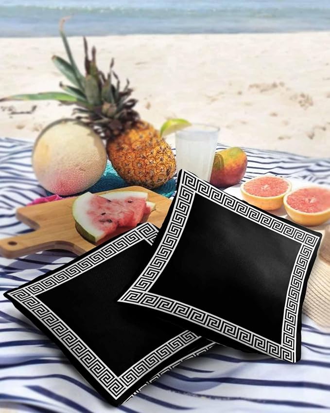 Prime Leader Outdoor Waterproof Pillow Covers Set of 2, Chinese Style Pattern Black Background Patio Throw Pillow Covers, Decorative Cushion Case for Couch Sofa Furniture Garden, 16x16 Inch