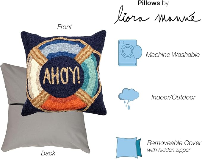 Liora Manne FRONTPORCH Indoor/Outdoor Handmade Pillow - Traditional Graphic Casual Beach Accent (Ahoy Navy) (18" x 18")