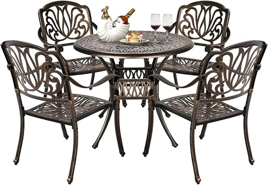 VINGLI 5 Pieces Outdoor Patio Dining Set, Cast Aluminium Patio Furniture Set with 4 Chairs and 1 Umbrella Table for Yard, Garden, Porch and Poolside, Bronze