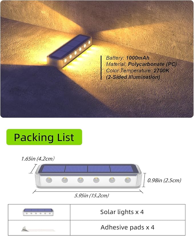 DetarZinLED Solar Step Lights for Outside 4 Pack, 12 LEDs 2-Sided Illumination Solar Stair Lights Outdoor IP68 Waterproof,Auto On/Off Deck Lights Solar Powered for Patio,Yard,Path,Walkway (Warm White)