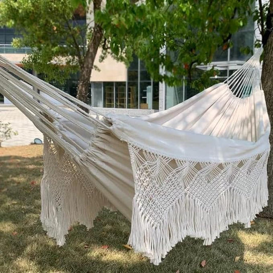 Double Macrame Hammock with Heart Design, Beige 2-Person Hammock for Indoor Outdoor, 79 x 59 Inch Large Boho Hammock with Rope and Hooks for Patio, Porch, Garden, Balcony, and Beach