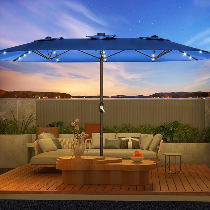 15FT Solar Patio Umbrella with 36 LED Lights, Weighted Base Included, Tilt and Crank Market Umbrella for Backyard, Garden, Deck, Pool, Beach