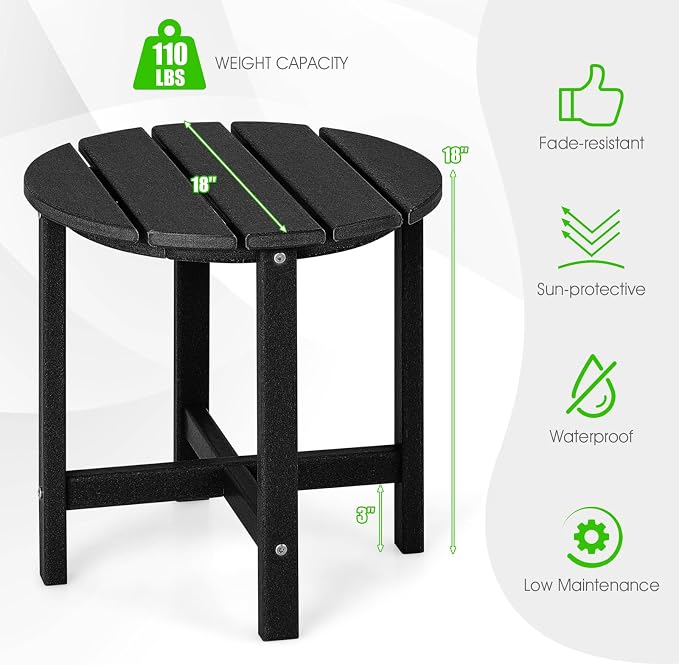 Tangkula Round Outdoor Side Table, 18 Inch Weather Resistant HDPE Adirondack Table, Outdoor Indoor Chairside End Tables, Patio Side Table for Lawn Garden Balcony Backyard, Easy Assembly (2, Black)
