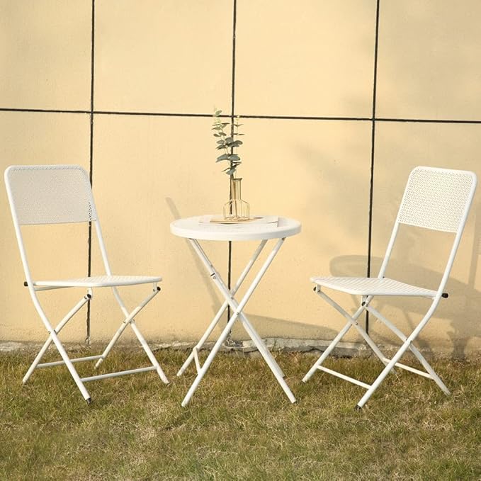 3-Piece Patio Bistro Set, Metal Folding Outdoor Patio Furniture Sets, Stainless Steel Patio Conversation Set with Folding Patio Round Table and Chairs for Yard, Garden or Balcony