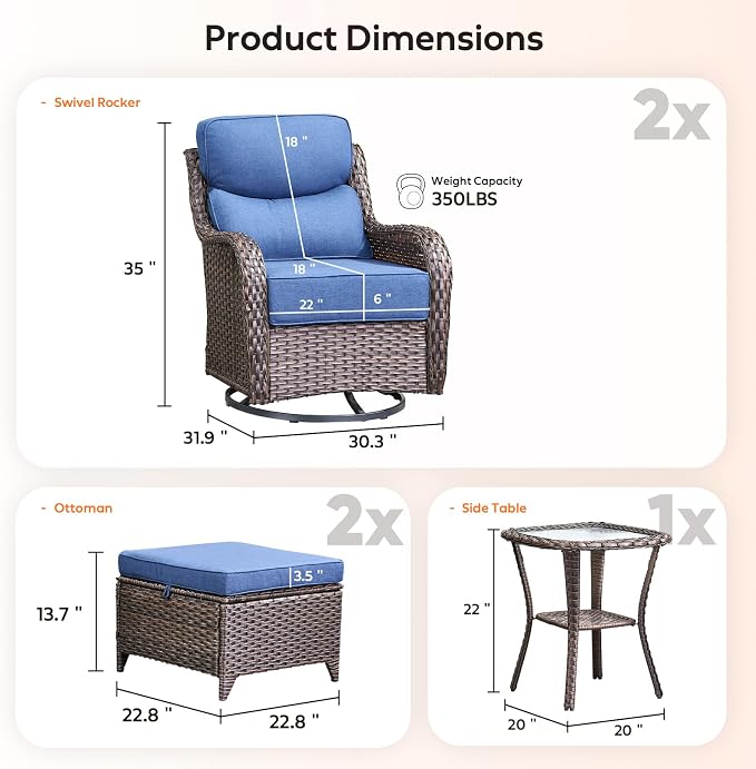Rilyson Outdoor Wicker Patio Furniture Set - 5 Piece Patio Conversation Sets with Swivel Rocker Chairs, Ottomans and Side Table, 6 inch Cushions, Waterproof Wicker, for Porch Deck Brown/Blue