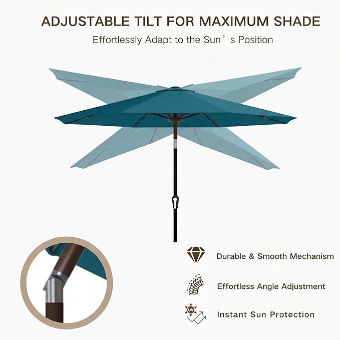 Kingdura 9FT Outdoor Patio Umbrella with Solar Lights, Market Table Umbrella with Push Button Tilt & Crank, 8 Sturdy Ribs, 32 LED Lights, UV Protection for Garden Lawn Deck Backyard Pool (Lake blue)