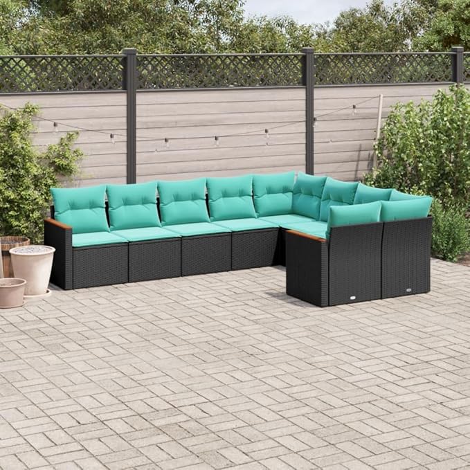 9 Piece Patio Sofa Set with Cushions, Patio Conversation Set Outdoor Sofa Sets Outdoor Dining Sets Porch Furniture Set for Piazza Negotiation Area Poolside Exhibition Black Poly Rattan