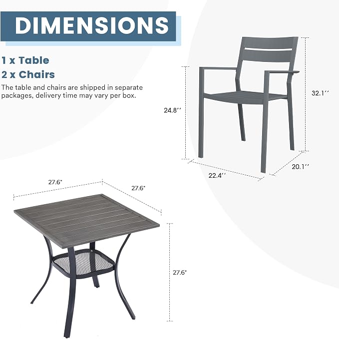 DIFY 3 Pieces Outdoor Patio Dining Set for 2, 27.6" Small Grey Wood-Like Square Metal Dining Table and 2 Grey Patio Stackable Chairs with Metal Frame, Outdoor Table and Chairs for Garden Porch
