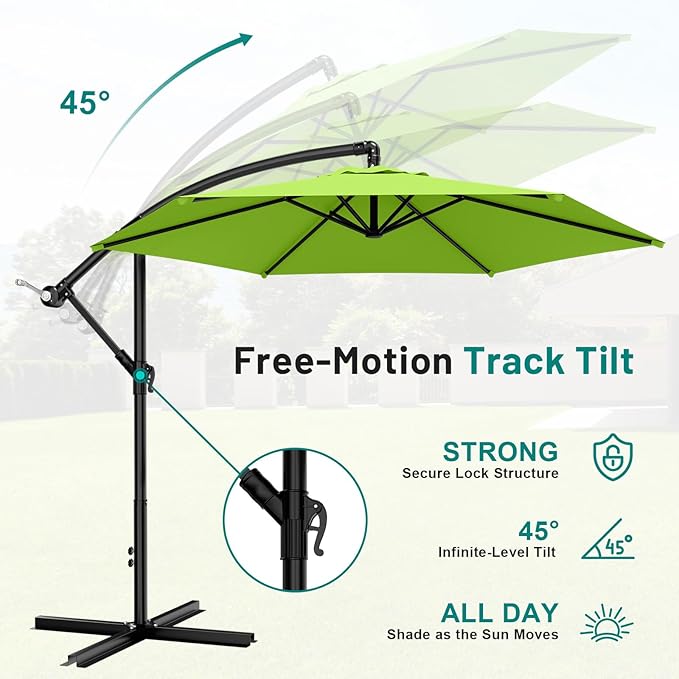 AreShark 10FT Patio Outdoor Umbrella, Offset Patio Umbrella Cantilever Umbrella, 6 Sturdy Ribs, Easy Adjustment for Garden Market Pool with Cross Base (Apple Green)
