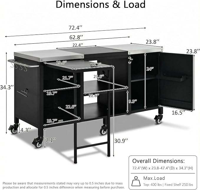72.4" Large Grill Table for Large Big Green Egg,Metal Outdoor Grill Cart with Fold-out Prep Table,Adjustable Shelves,Spice Rack,Outdoor Kitchen Island for Big Green Egg,Kamado Joe Classic (Black#23)
