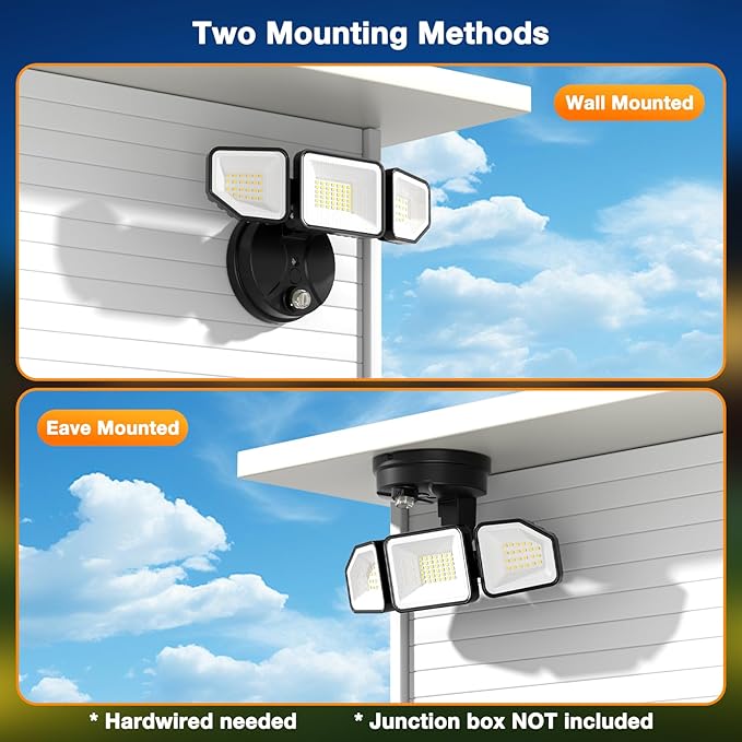 65W Dusk to Dawn Flood Lights Outdoor, 6500LM LED Outdoor Light, IP65 Waterproof, 6500K Daylight, 3 Adjustable Heads LED Security Light with Photocell for Yard Garage Porch Black