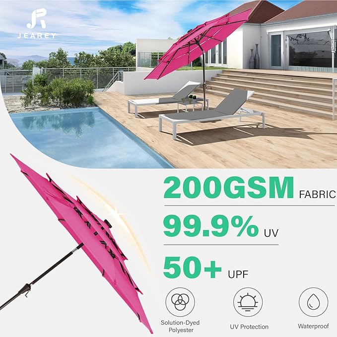 JEAREY 3 Tiers Patio Umbrella with Solar Lights 9ft Outdoor Market Table Umbrellas with Push Button Tilt for Outside Pool Garden, Pink