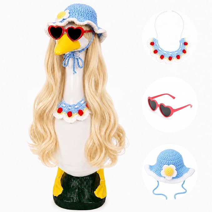 4Pcs Porch Goose Wigs Set Porch Goose Outfits Accessories for Outdoor Statue Accessories Garden Patio Yard Goosey Decoration (4Set Cowl and Wig)